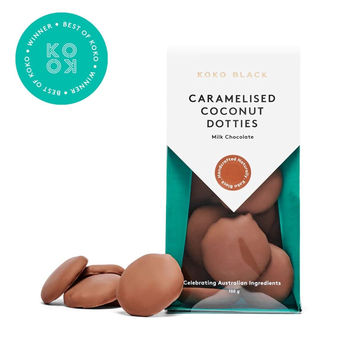 Caramelised Coconut Dotties 100g -Milk Chocolate-Indulgence-Koko Black-iPantry-australia