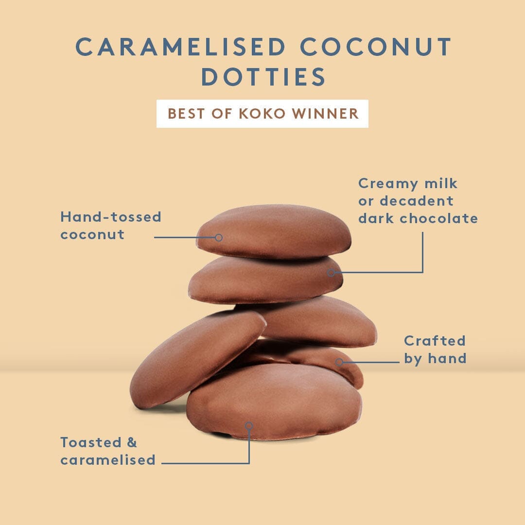 Caramelised Coconut Dotties 100g -Milk Chocolate-Indulgence-Koko Black-iPantry-australia