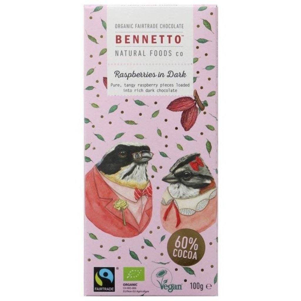 Dark Chocolate with Raspberries 100g-Indulgence-Bennetto-iPantry-australia